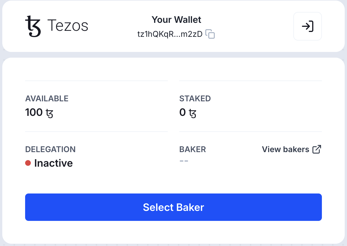 The wallet app, showing an account with 100 tez and 0 tez staked